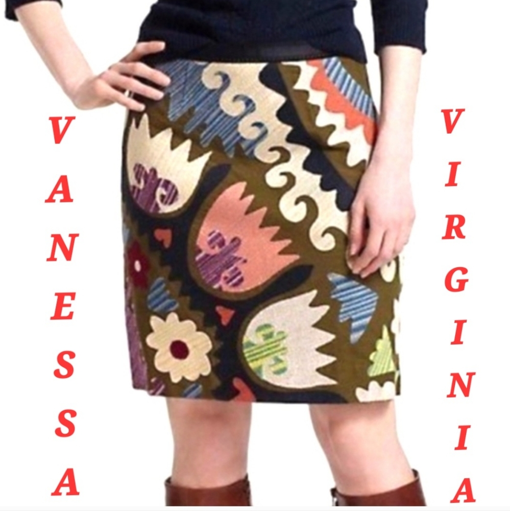ANTHRO Tulipa Vanessa Virginia Cotton Floral 19" Embroidery Green Pencil Skirt 2